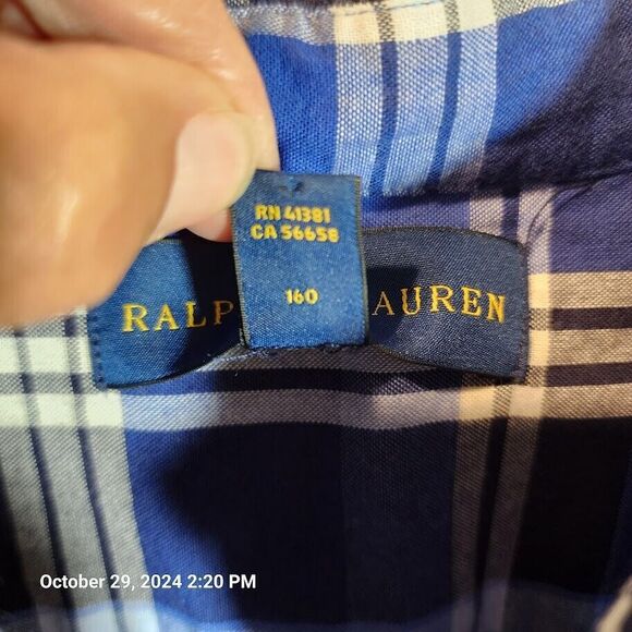 Ralph Lauren Indigo Madras Plaid Button Up Down Shirt Long Sleeve  Size L 14-16 - Picture 3 of 11